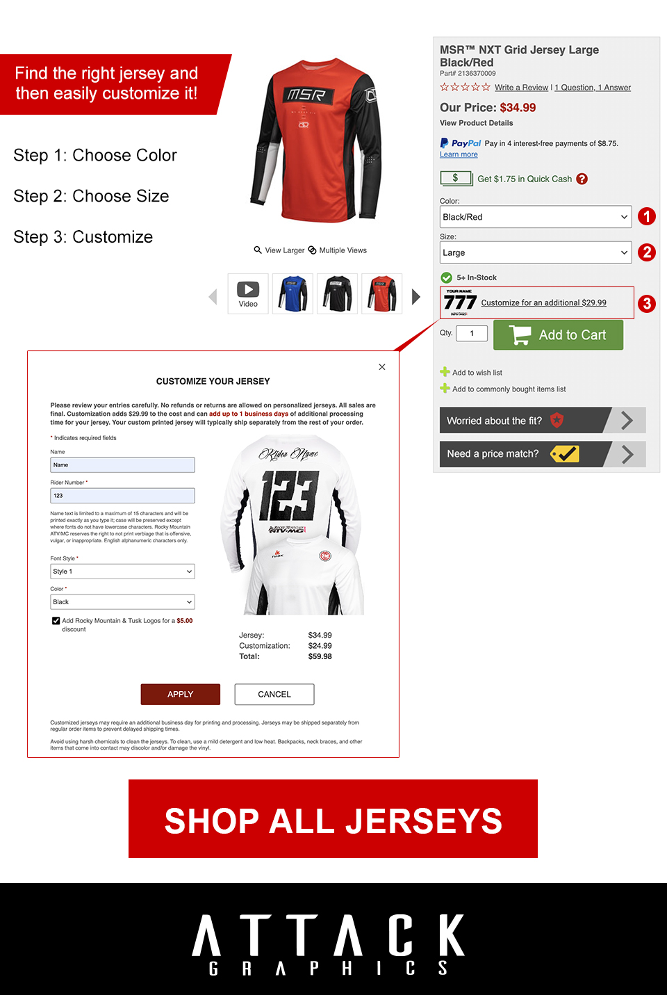 Find the right jersey and then easily customize it, step 1, choose color, step 2, choose size, step 3, cutomize, link, Shop all jerseys